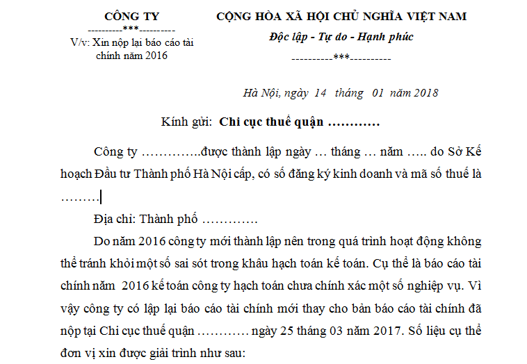 Công văn xin nộp lại báo cáo tài chính